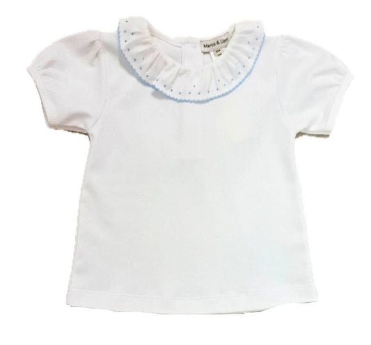 Basic White Girl's Pima Top with Blue Picot Edge