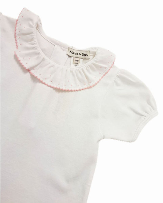 Basic White Girl's Pima Top with Pink Picot Edge