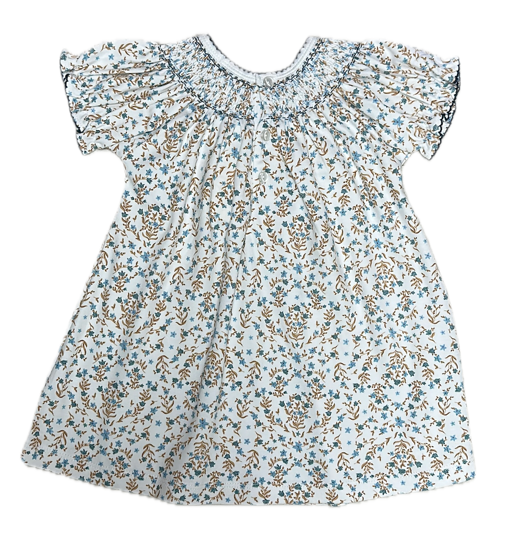 Blue Floral Hand Smocked Girls Bishop