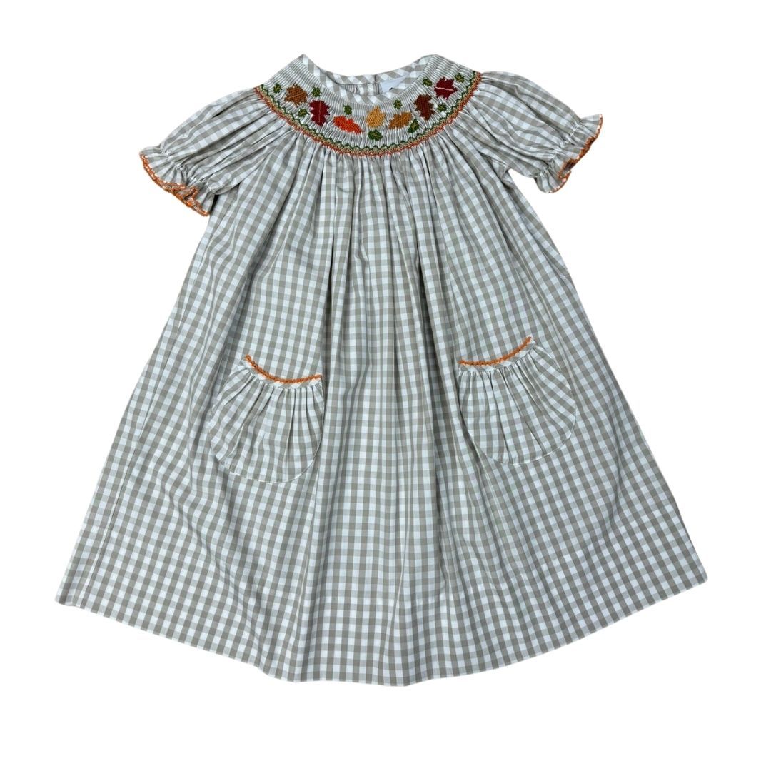 Girls Tan Gingham Short Sleeve Smocked Fall Leaf Bishop Dress