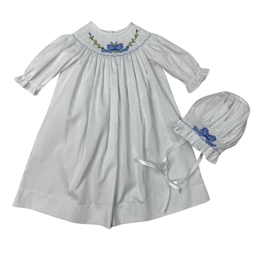 Smocked Blue Bow Daygown & Bonnet
