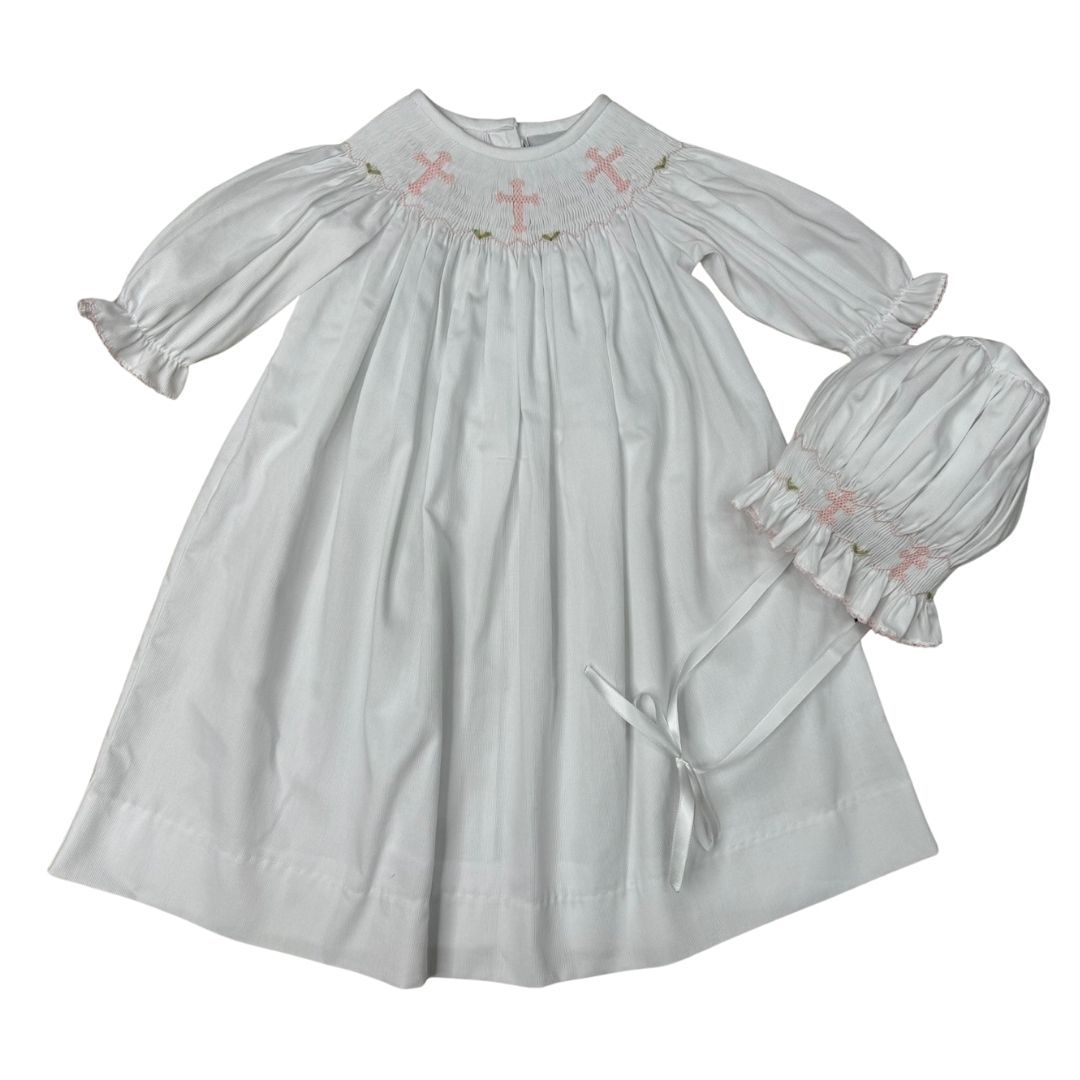 White Long Sleeve Smocked Pink Cross Daygown & Bonnet