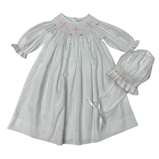 White Long Sleeve Smocked Pink Cross Daygown & Bonnet