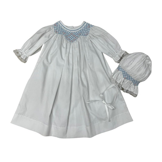 White w/ Smocked Roses in a Diamond Shape Daygown & Bonnet