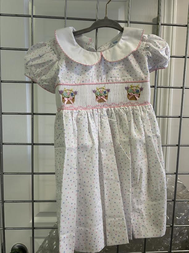 Polka Dot Smocked Collared Dress w/Flower Basket