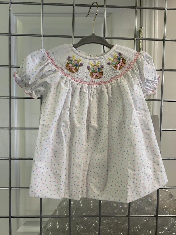 Polka Dot Smocked Bishop Dress w/Flower Basket
