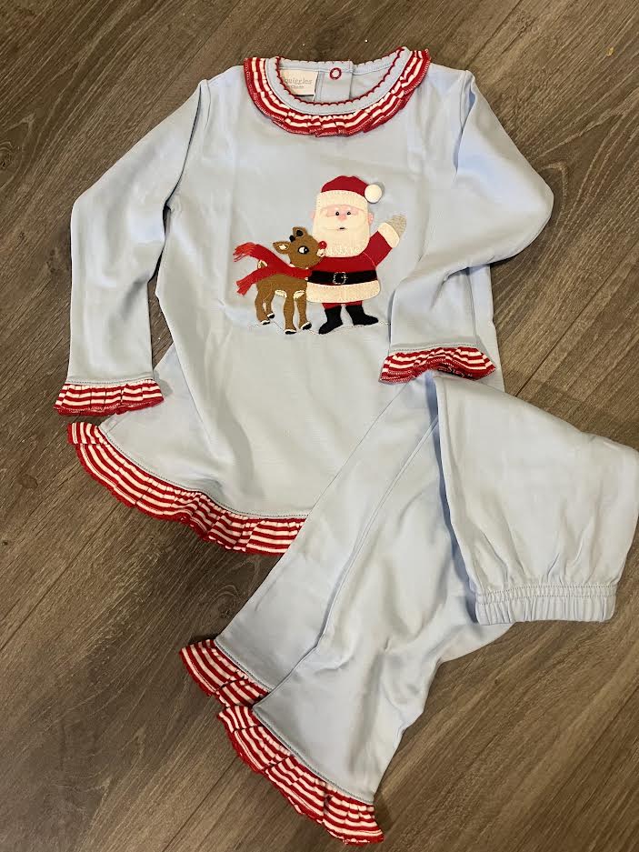 Girls Rudolph & Santa Ruffle Shirt with Red Stripe Pants Set
