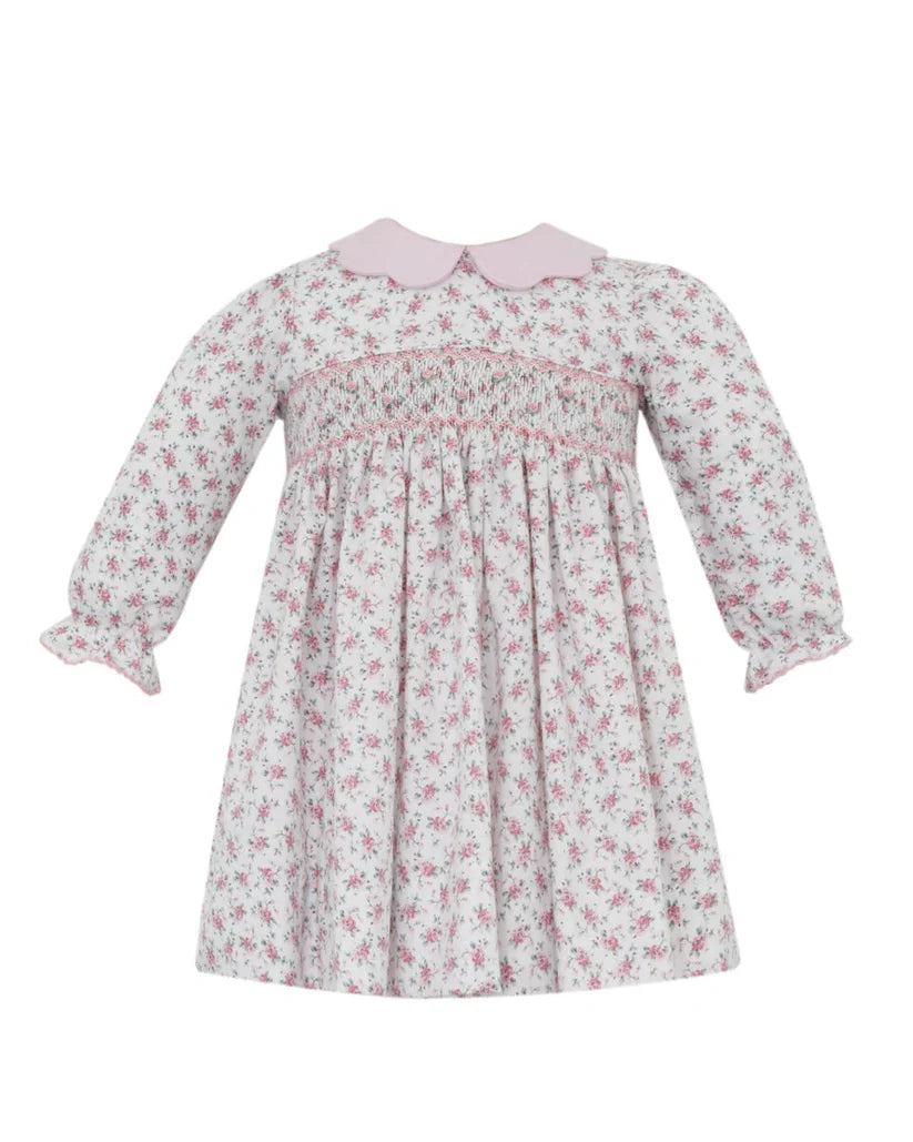 Pink English Garden Floral Smocked Dress w/Pink Scallop Collar