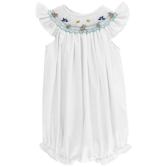 White Bishop Romper with Smocked Flowers
