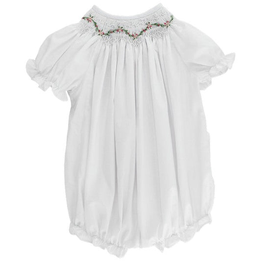White Bishop Romper W/Smocked Rose Vine