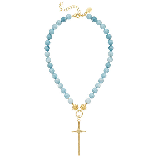 Blue Bead Necklace with Cross