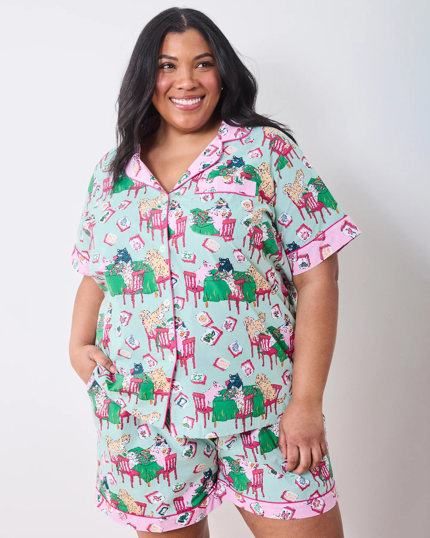 Short PJ Set in Mah Jongg Menagerie Pale Jade