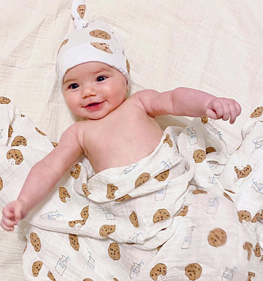 Bamboo Muslin Swaddle Blanket & Topknot Set - Cookie Craze - swaddle