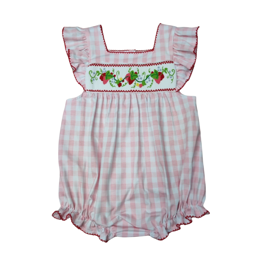Pink Check Smock Strawberries Bubble