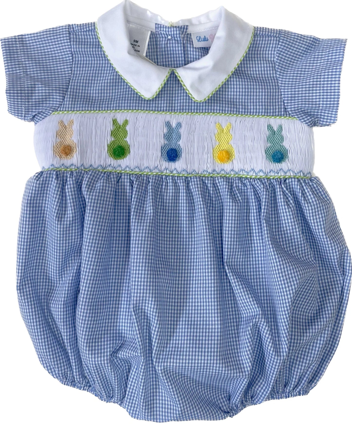 Blue Checked Smocked Bubble Colorful Bunnies