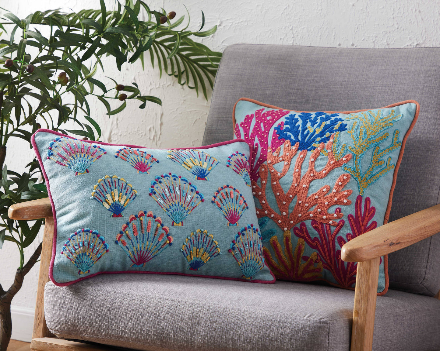 Tropical Coral Embroidered Pillow