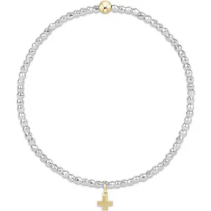 egirl Bright Silver Faceted Hematite 2mm Bead Bracelet - Signature Cross Gold Charm