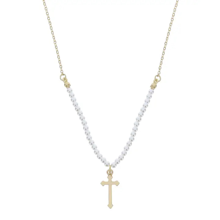 Kids 14" Gold Chain with Pearl Cross Necklace, 3" Ext.
