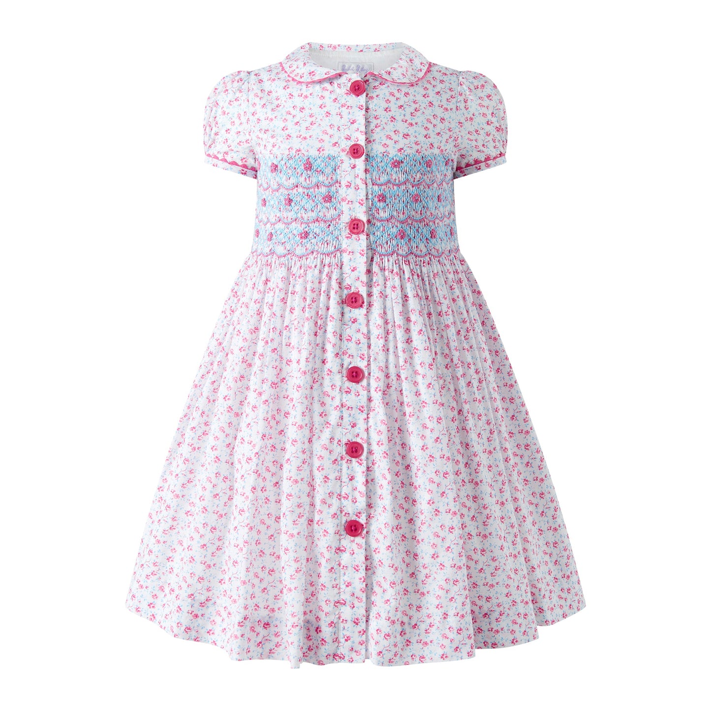 Pink Floral Smocked Button Front Dress