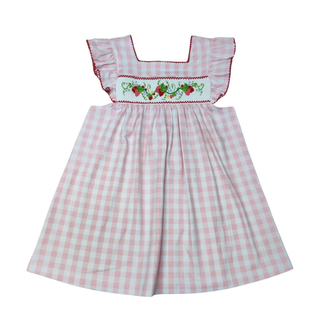 Pink Check Smock Strawberries Dress