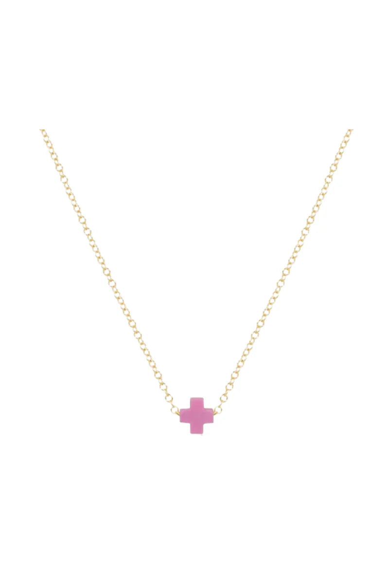 16" Necklace Gold - Signature Cross Small Bright Pink