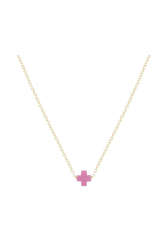 16" Necklace Gold - Signature Cross Small Bright Pink