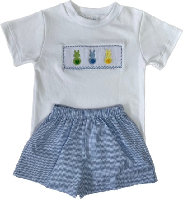 Lt Blue and White Checked Smocked Bunny Short Set