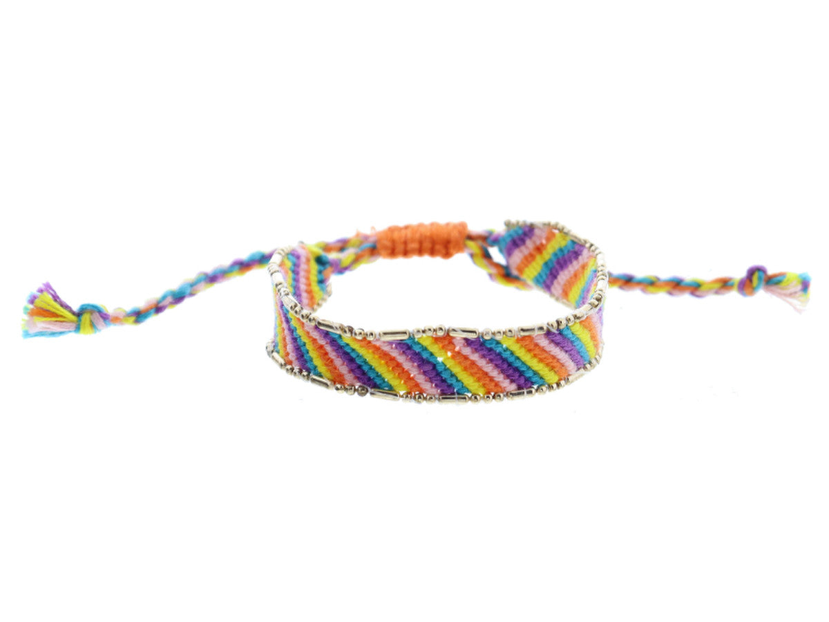 Kids Multi Rainbow Striped Woven Band With Gold Accent Edge Bracelet