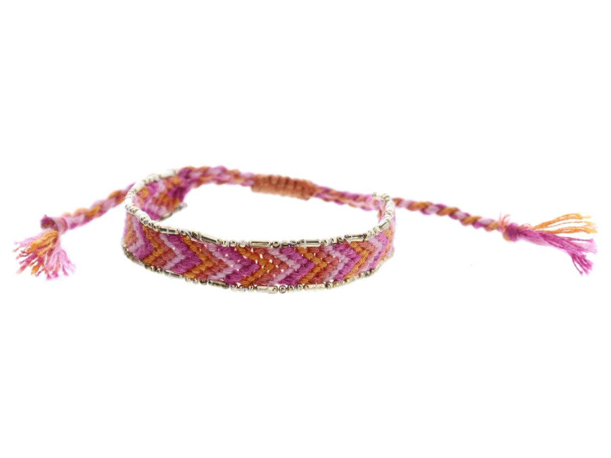 Kids Magenta, Orange, Coral, Pink Woven Band With Gold Accent Edge Bracelet