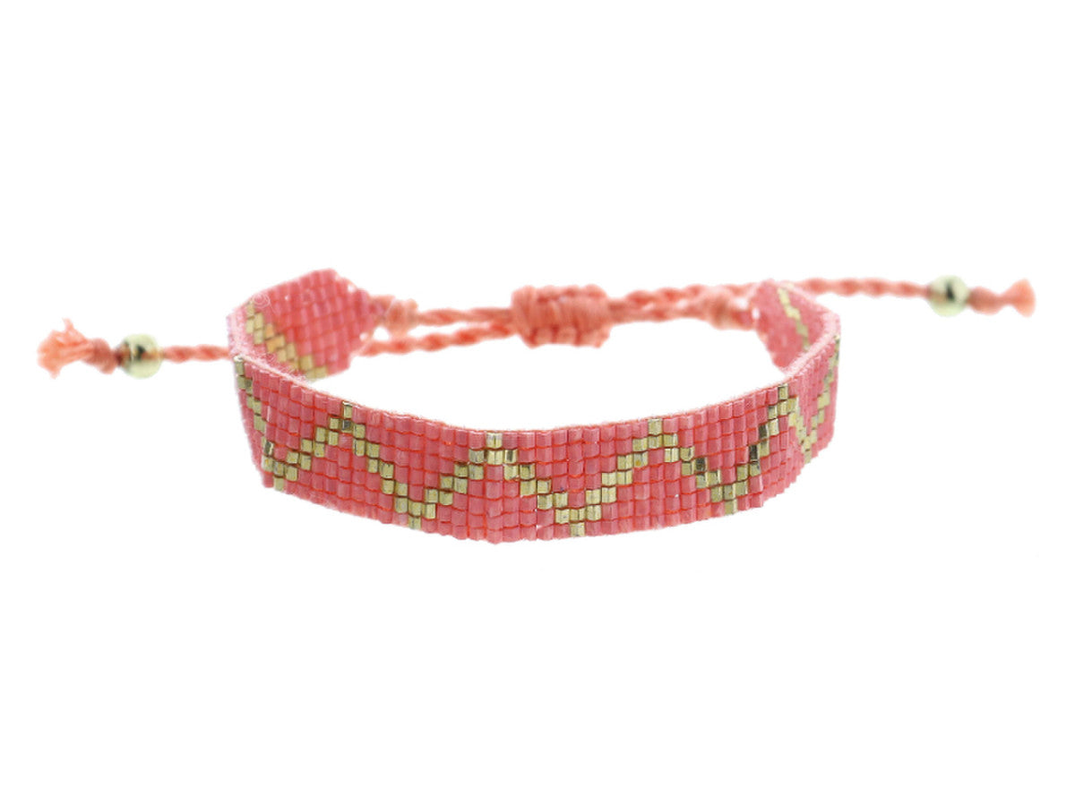 Kids Coral and Gold Zig Zag Woven Beaded Bracelet
