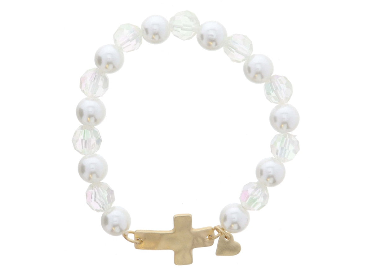 Pearl and Iridescent Gold Cross/Heart Charm Bracelet