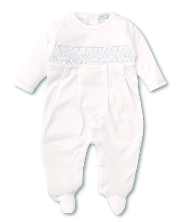 White Footie with Blue Smocking