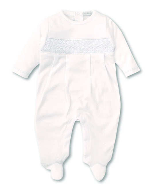 White Footie with Blue Smocking
