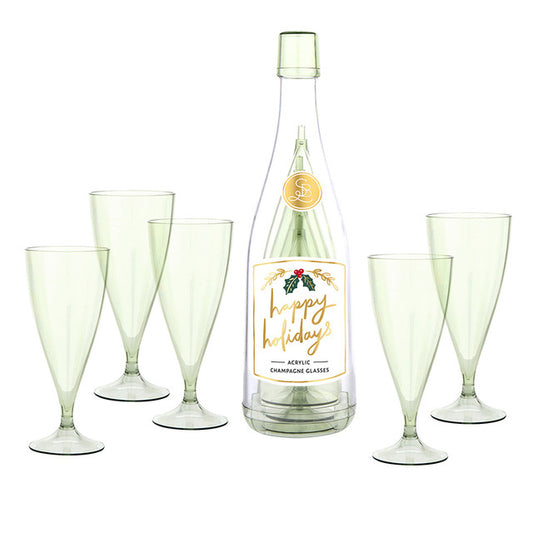 Acrylic Champagne Bottle + Glasses - Happy Holidays