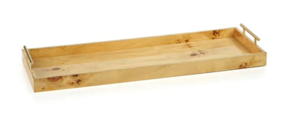 Leiden Burl Wood Rectangular Tray w/ Gold Handles