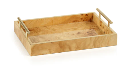 Leiden Burl Wood Rectangular Tray w/ Gold Handles