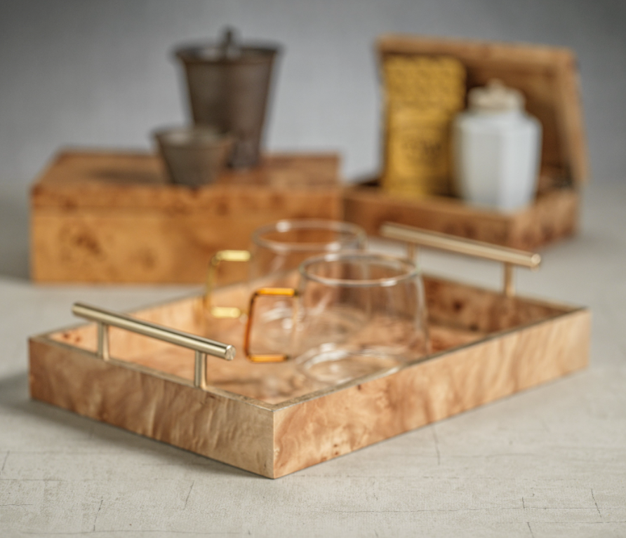 Leiden Burl Wood Rectangular Tray w/ Gold Handles