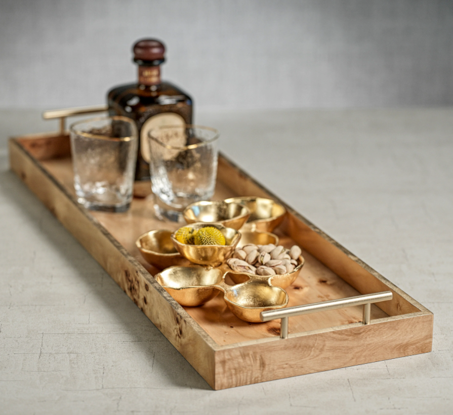 Leiden Burl Wood Rectangular Tray w/ Gold Handles