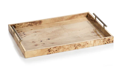 Leiden Burl Wood Rectangular Tray w/ Gold Handles