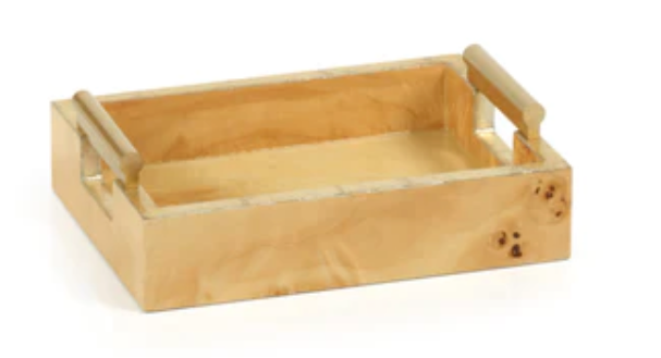 Leiden Burl Wood Rectangular Tray w/ Gold Handles
