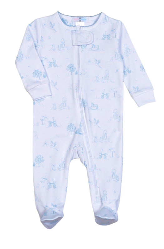 Blue Baby Toile Zipper Footie