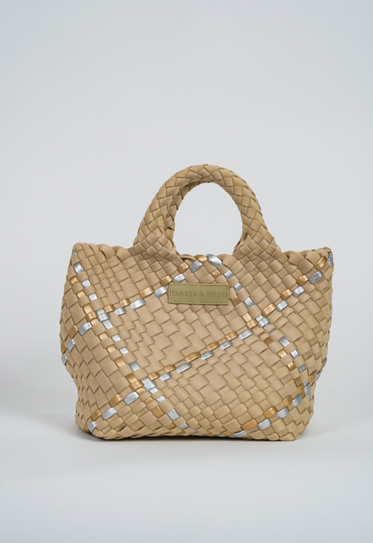 Mini Woven Tote in Beige Metallic