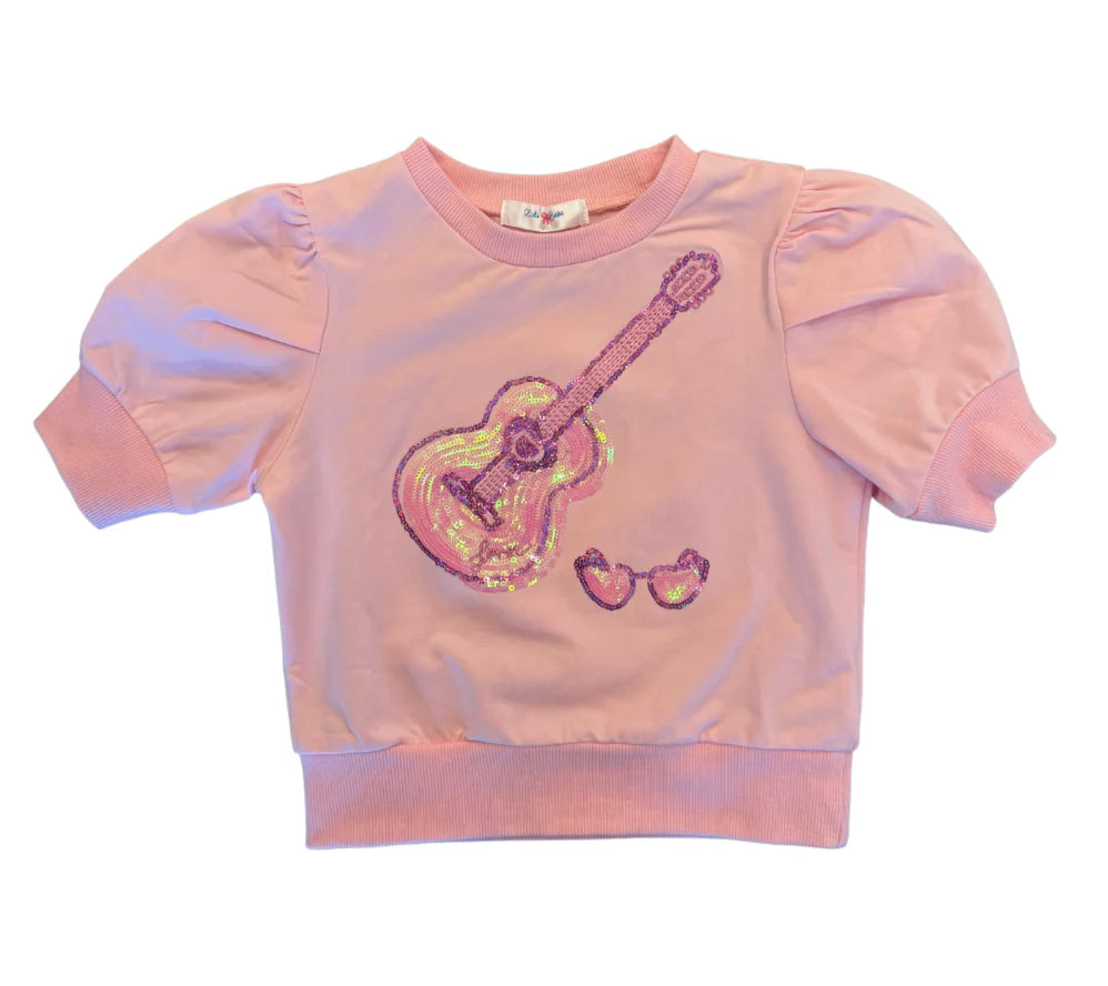 Guitar Sequin Pink Puff Sleeve Top