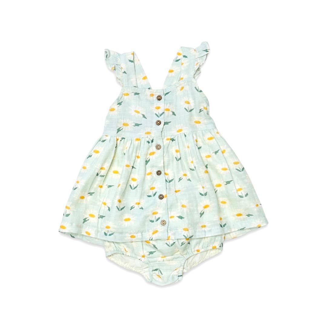 Daisies Ruffle Button Baby Dress+Bloomer - Organic Muslin