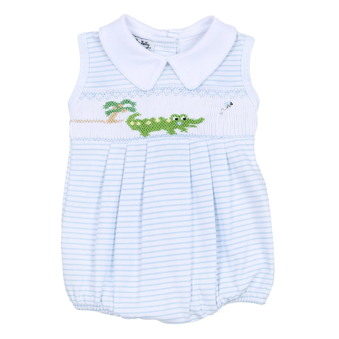 Light Blue Alligator Classics Smocked Collared Sleeveless Boy Bubble