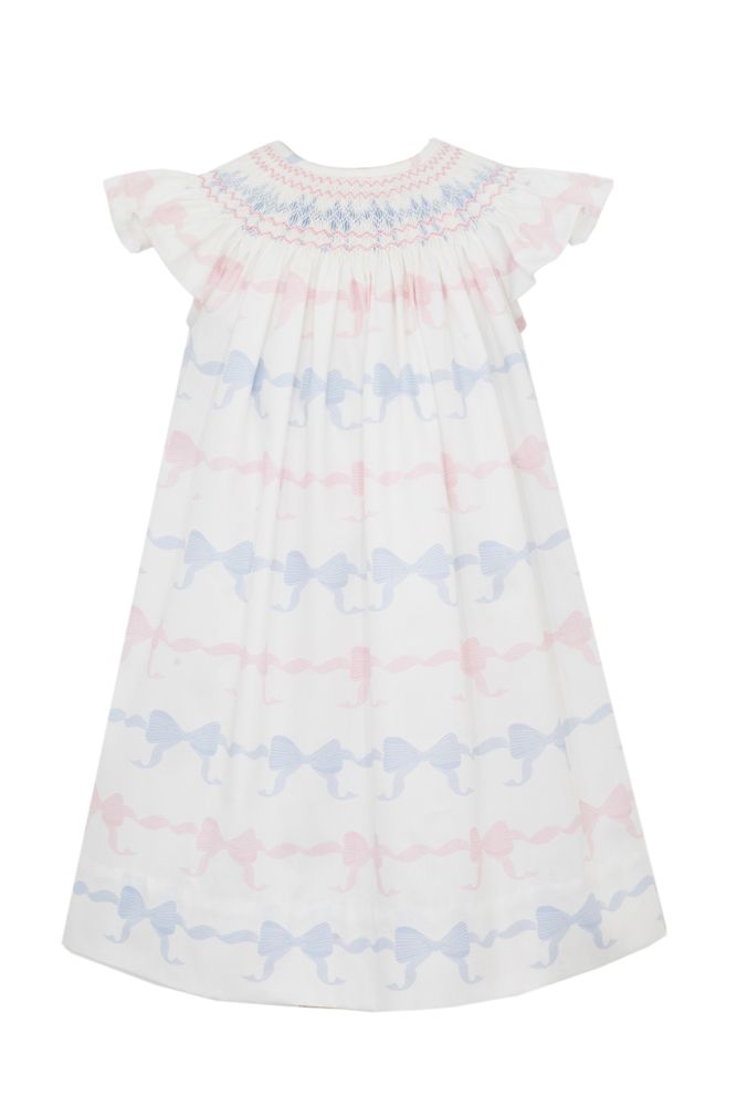 Pink & Blue Fancy Bows Print Angel Wing Smock Dress