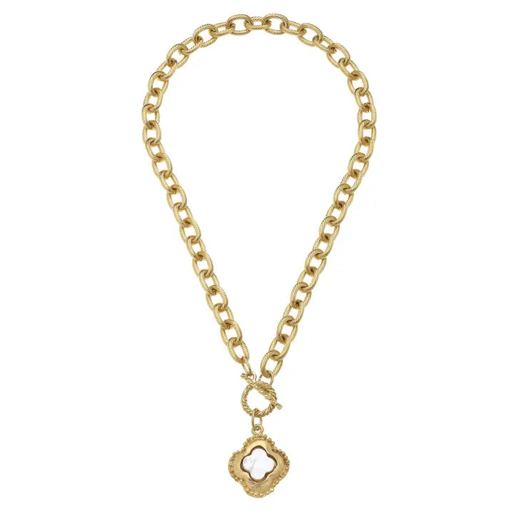 Gold Clover with Pearl on Toggle Necklace