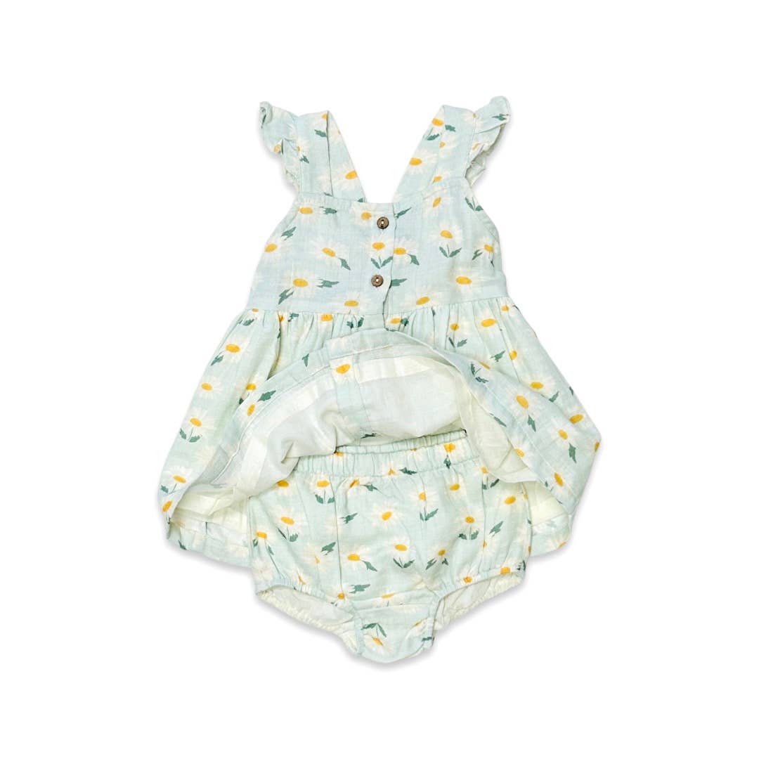 Daisies Ruffle Button Baby Dress+Bloomer - Organic Muslin