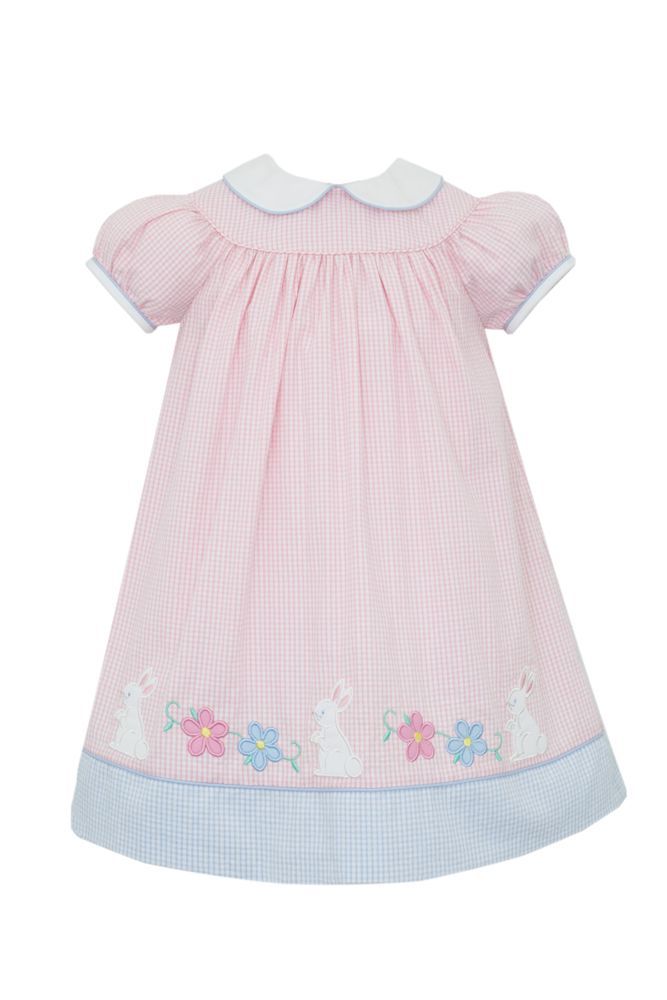Pink Gingham Seersucker Dress with Blue Border and Bunny