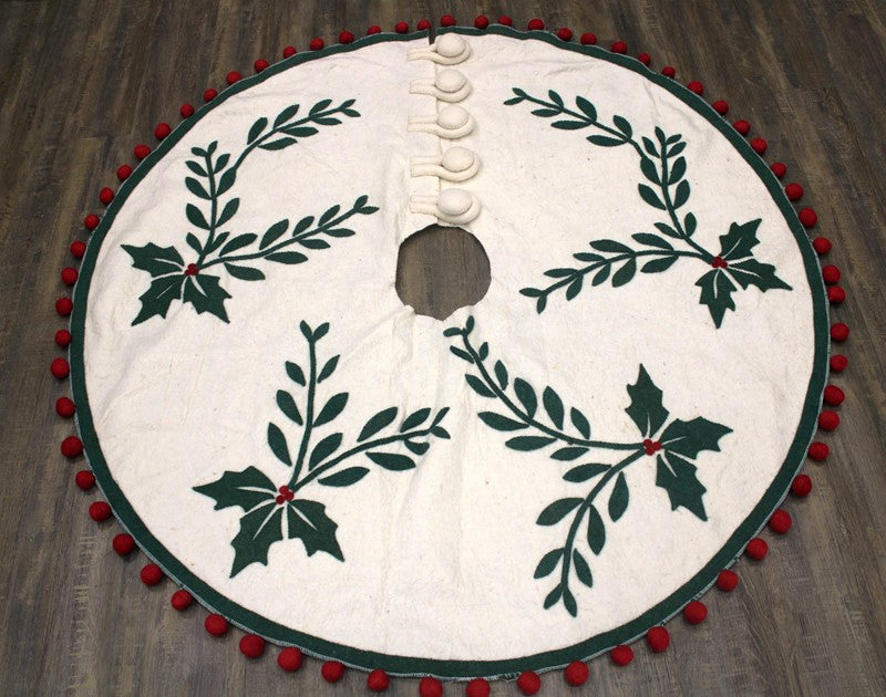 Handmade Wool Tree Skirt, Ivory with Holly